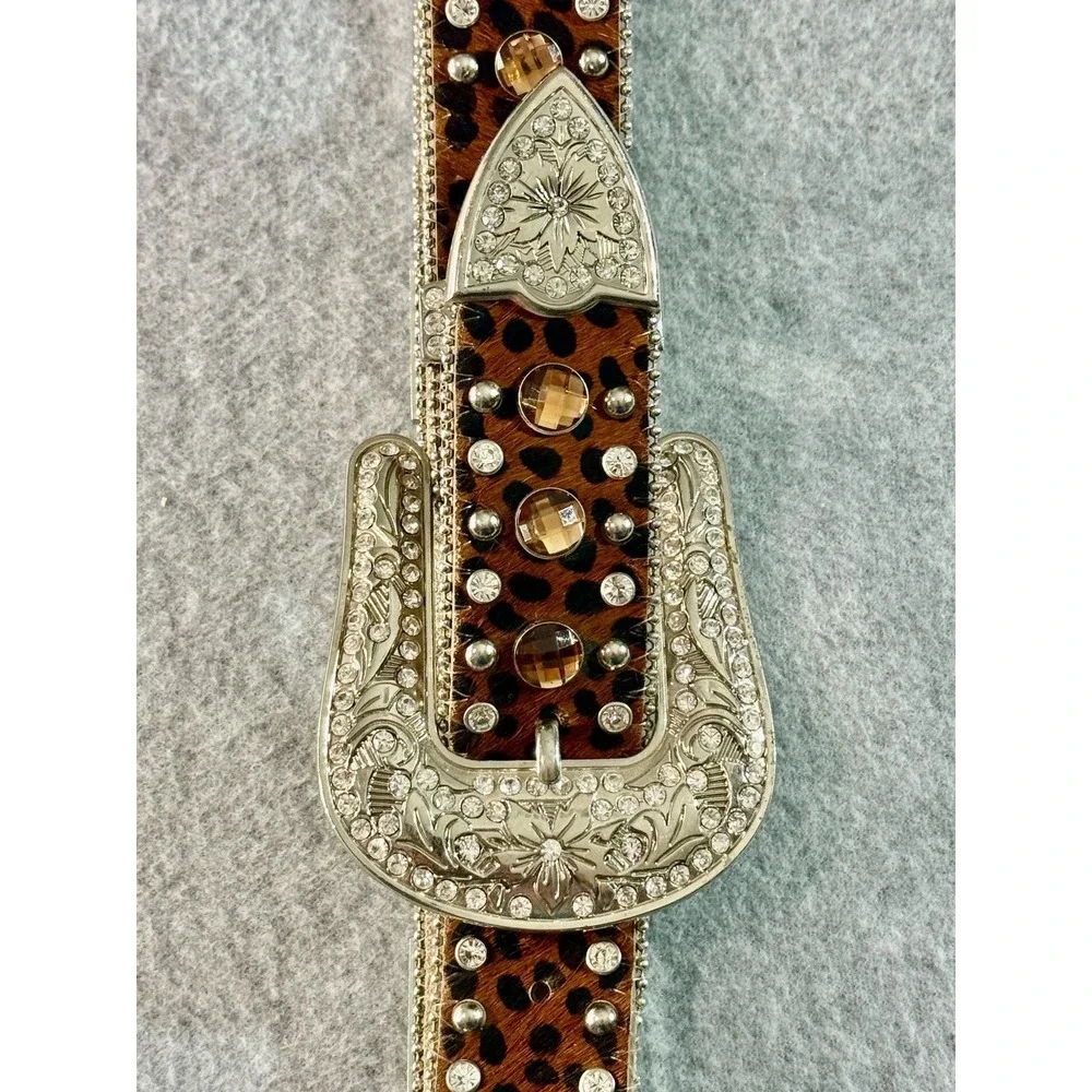Nocona Western Women's Belt Leopard Leather Rhinestone Crosses Bling Med-SKU:055